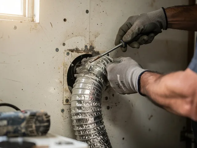 Laguna Woods Dryer Vent Cleaning technician performing precise dryer vent hose installation in Laguna Woods